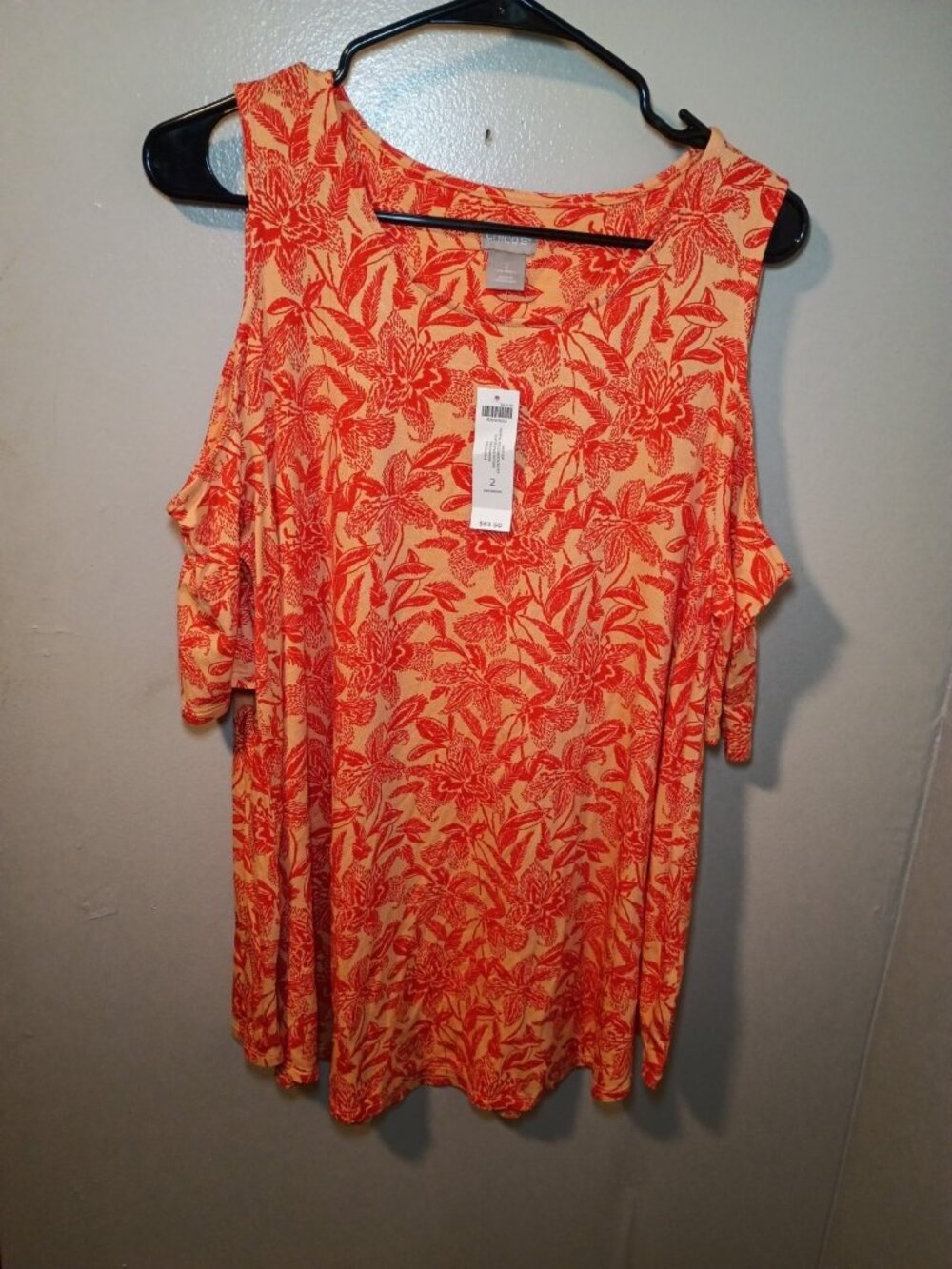 New Chicos 2 Large Persimmon Floral Soft Cold Shoulder Short Sleeve Blouse Top